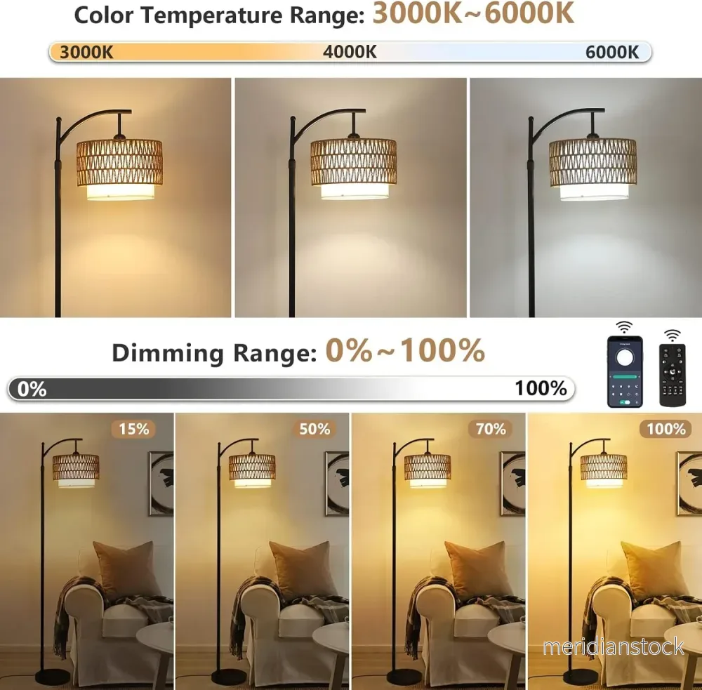 Bågformad golvlampa med fjärrkontroll och dubbla lampskärmar – Norvella - Bild 2