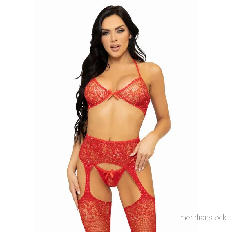 LEG AVENUE - THREE PIECES SET BRA, STRING AND STOCKING ONE SIZE - BLACK - Bild 2