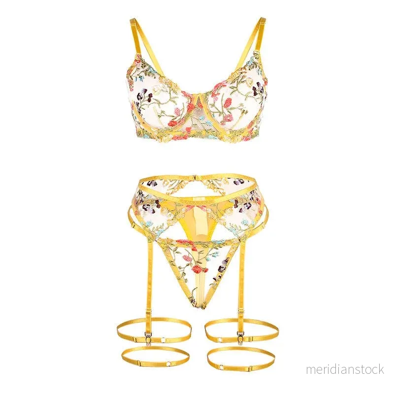 SUBBLIME - 954352 BRA + THONG + GARTER BELT FLORAL DESIGN YELLOW L/XL