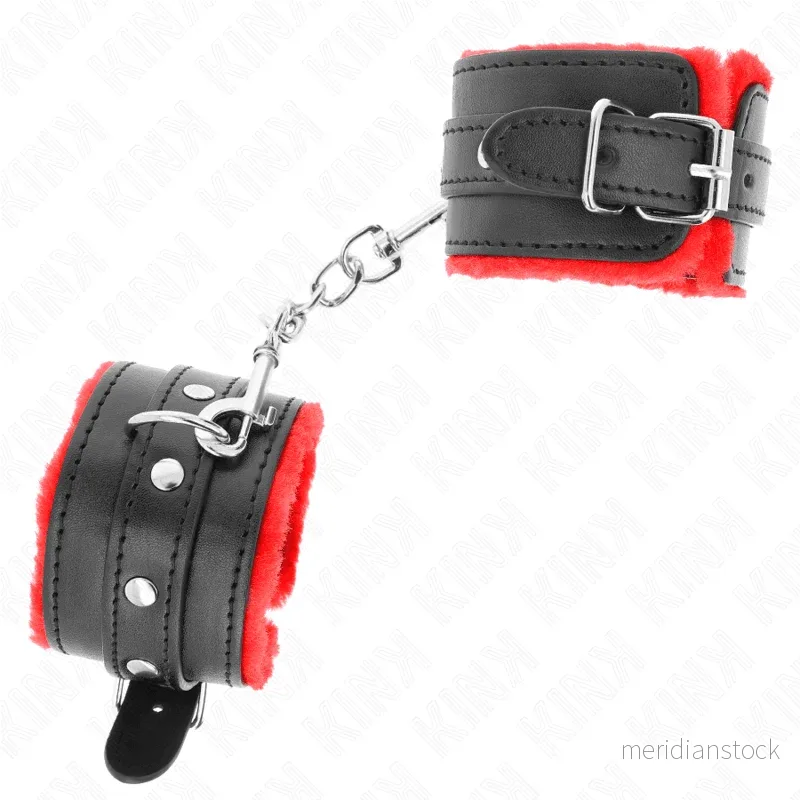 KINK - PREMIUM FUR LINED WRIST RESTRAINTS RED WITH BLACK BELT ADJUSTABLE 17-29 CM X 6 CM - Bild 2