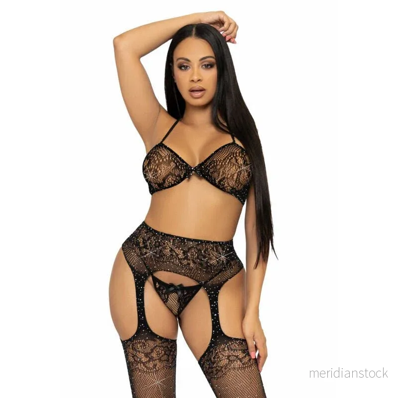 LEG AVENUE - THREE PIECES SET BRA, STRING AND STOCKING ONE SIZE - BLACK