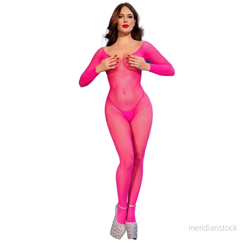CHILIROSE - CR 4894 NEON PINK MESH BODYSTOCKING S/M