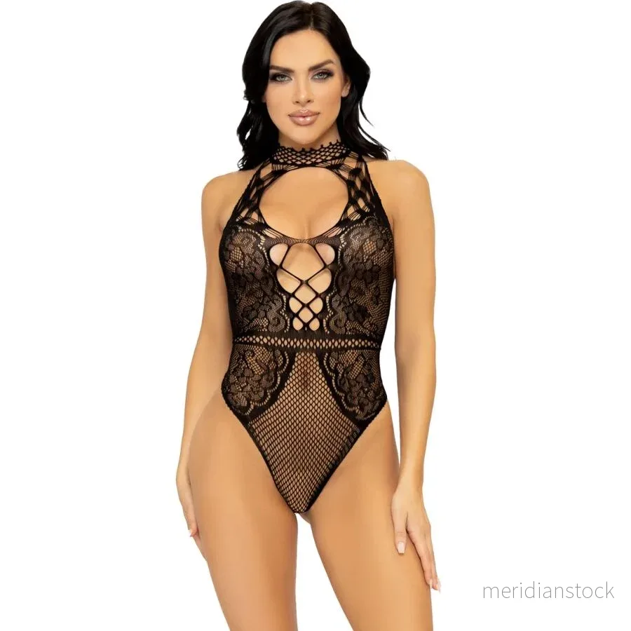 LEG AVENUE - NET AND LACE KEYHOLE HALTER BODYSUIT ONE SIZE