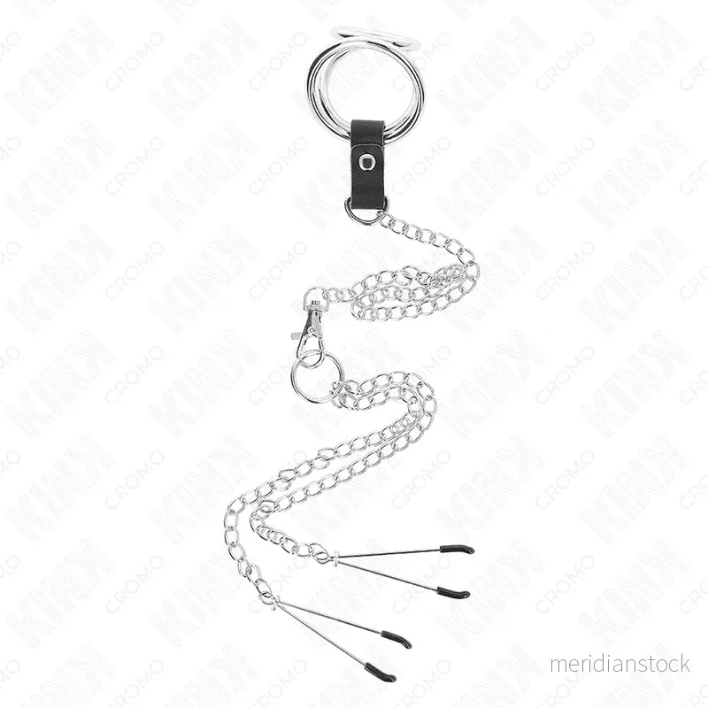 KINK - TRIPLE CHROME METAL PENIS RING 3 CM TO 4.5 CM WITH 26 CM METAL CHAIN AND NIPPLE CLIPS