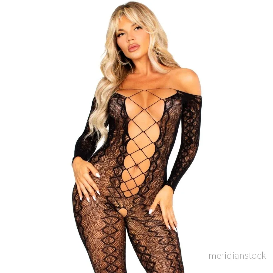 LEG AVENUE - CROTCHLESS BODYSTOCKING IN EXOTIC SNAKE LACE BLACK