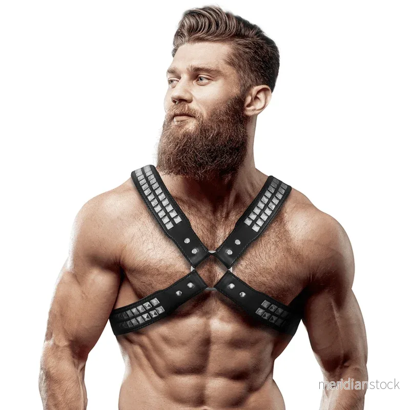 FETISH SUBMISSIVE ATTITUDE - MENS CROSSED CHEST ECO-LEATHER HARNESS WITH RIVETS