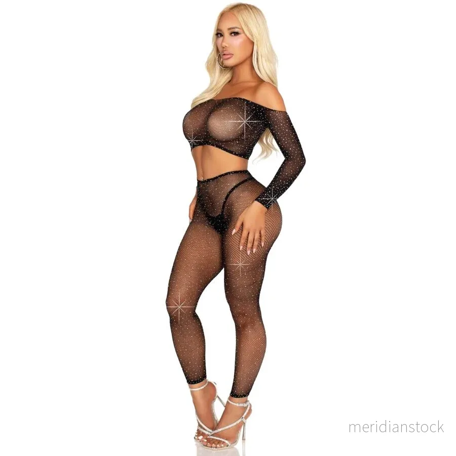 LEG AVENUE - CROP TOP AND FISHNET LEGGING WITH RHINESTONES BLACK - Bild 2