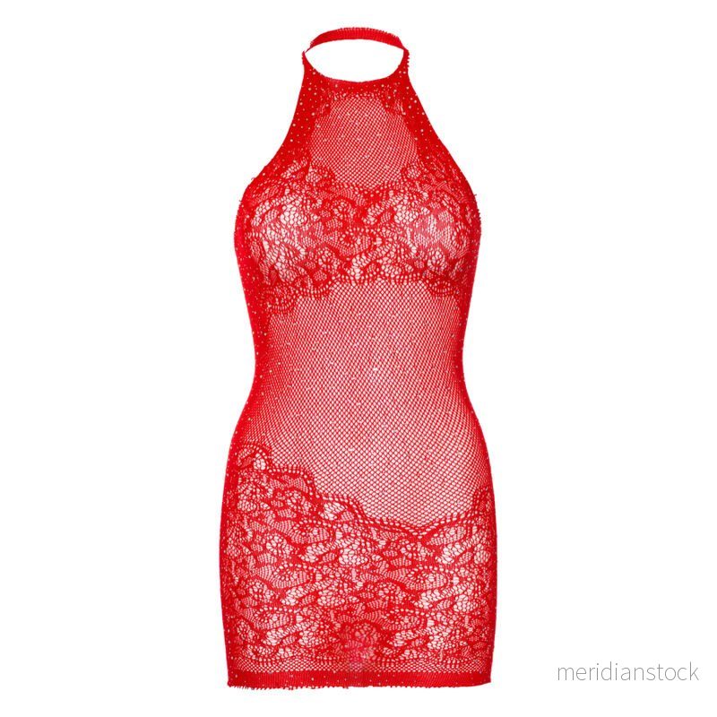 LEG AVENUE - RHINESTONE HALTER MINI DRESS ONE SIZE - RED