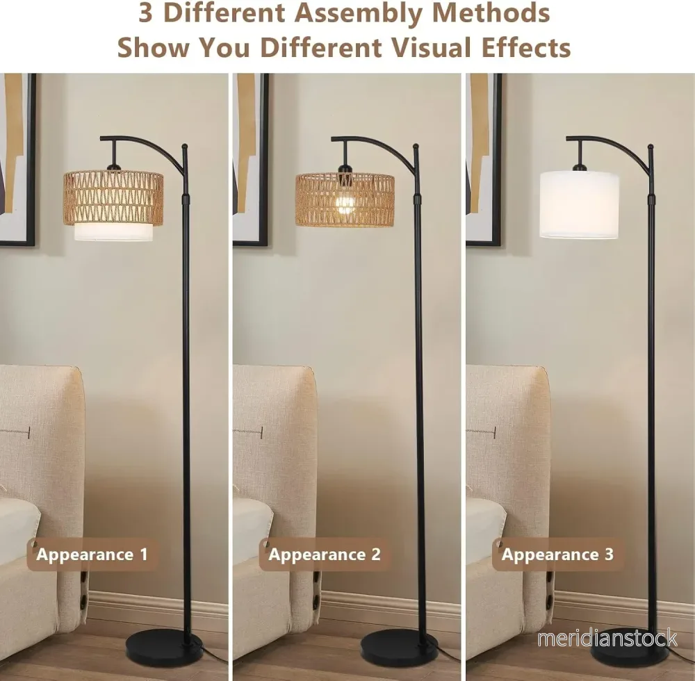 Bågformad golvlampa med fjärrkontroll och dubbla lampskärmar – Norvella - Bild 3