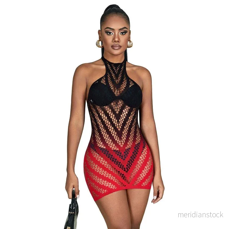 SUBBLIME - 952242 RED AND BLACK DEGRADED ELASTIC FISHNET DRESS ONE SIZE - Bild 3