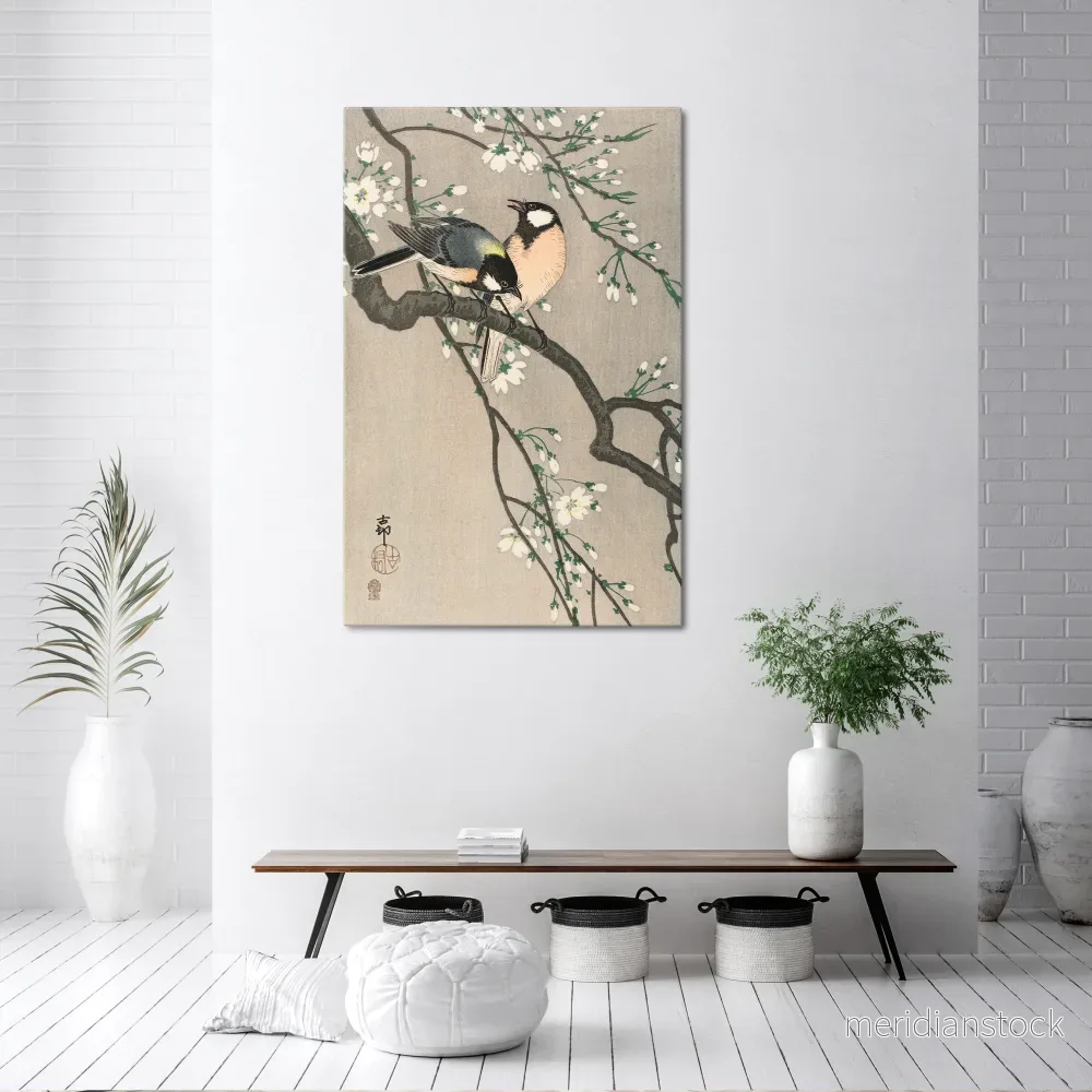 TITS ON CHERRY BRANCH Vertical Canvas Print