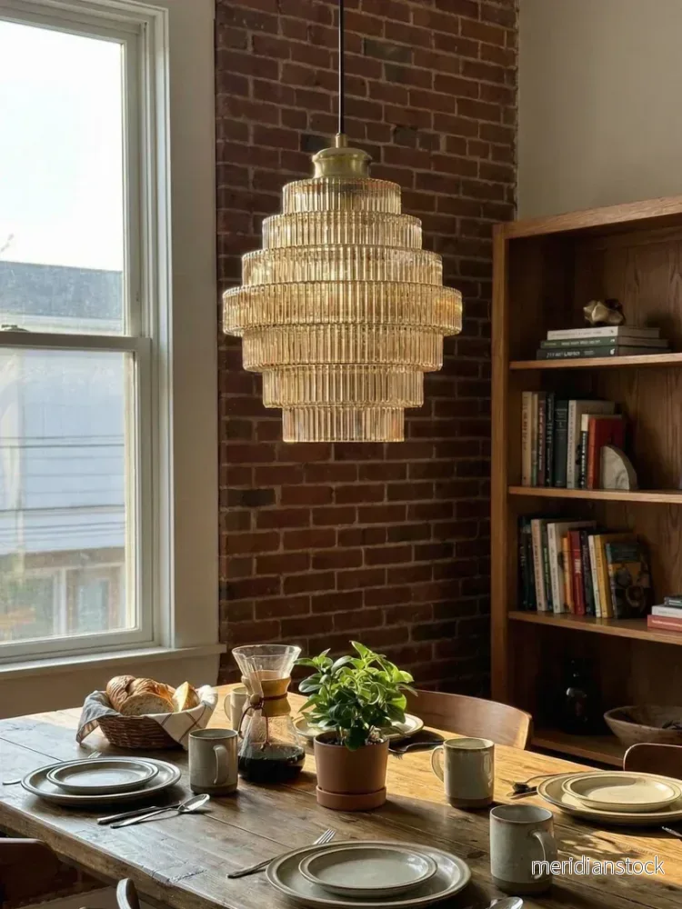 Pendellampa i räfflat glas – art deco taklampa i mässing med våningar - Bild 3