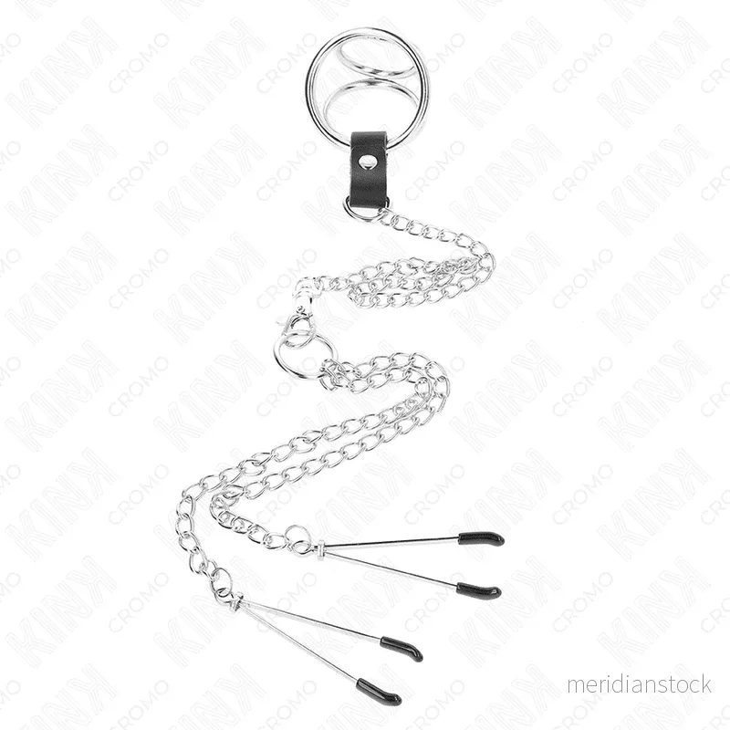 KINK - TRIPLE CHROME METAL PENIS RING 3.8 CM TO 5 CM WITH 26 CM METAL CHAIN AND NIPPLE CLAMPS MODEL 2