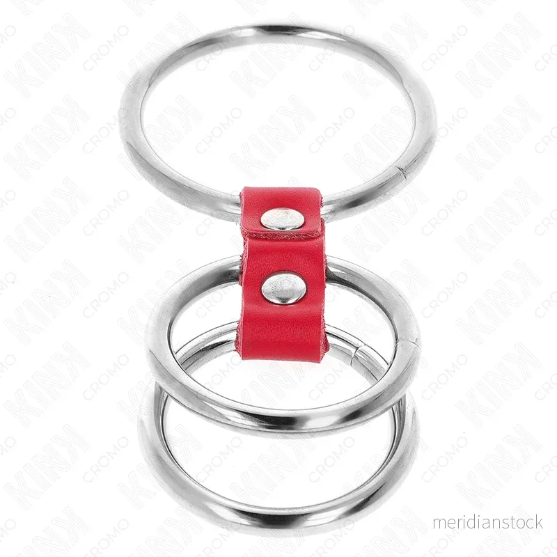 KINK - TRIPLE METAL PENIS RING 3.7 CM TO 5 CM CONNECTED WITH RED LEATHER - Bild 2