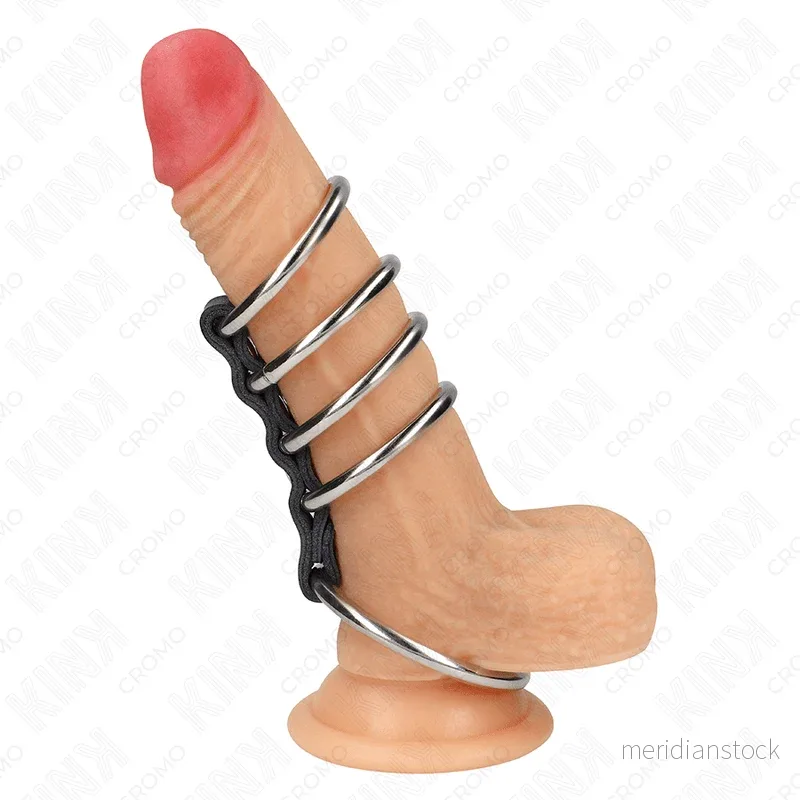 KINK - 5 PENIS RINGS 3.7 CM TO 5 CM METAL CONNECTED BY LEATHER - Bild 2