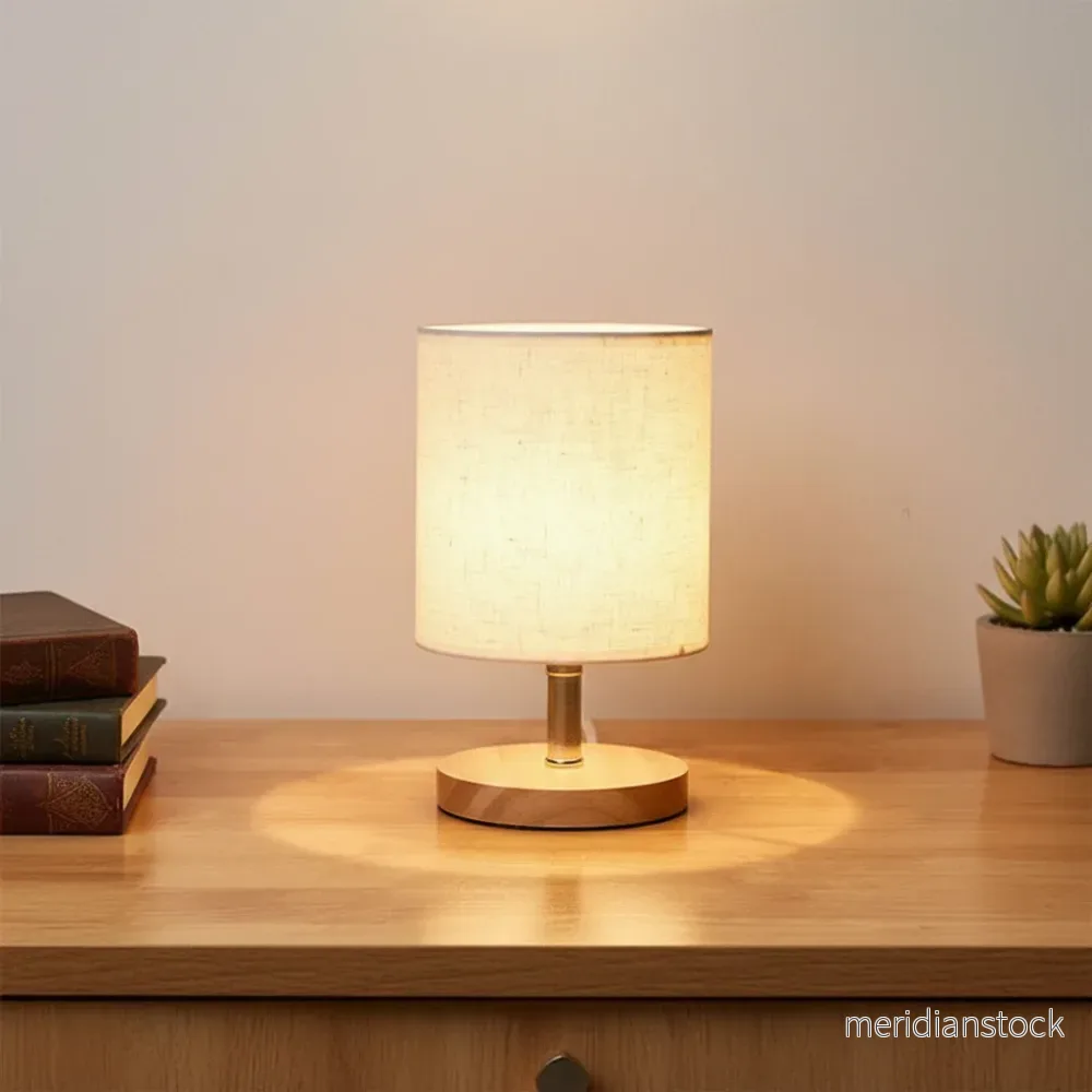 Skrivbordslampa träbas linne skärm - LinenGlow