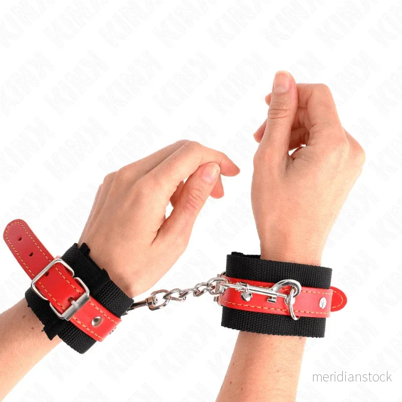 KINK - NYLON WRIST RESTRAINTS BLACK WITH LEATHERETTE RED ADJUSTABLE 19-24 CM X 5.5 CM - Bild 3