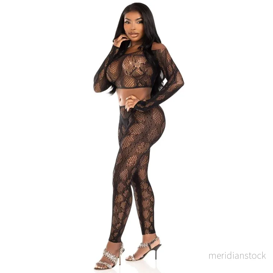 LEG AVENUE - 89373 PYTHON CROP TOP & FOOTLESS TIGHTS BLACK - ONE SIZE - Bild 3
