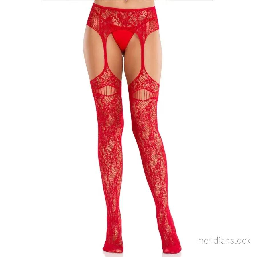 LEG AVENUE - LACE STOCKINGS WITH GARTERS RED