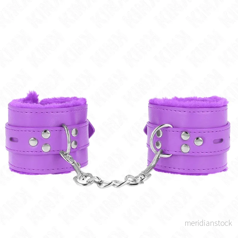 KINK - FUR LINED WRIST RESTRAINTS WITH SQUARE HOLES PURPLE AND PURPLE BELT ADJUSTABLE 17-29 CM X 6 CM