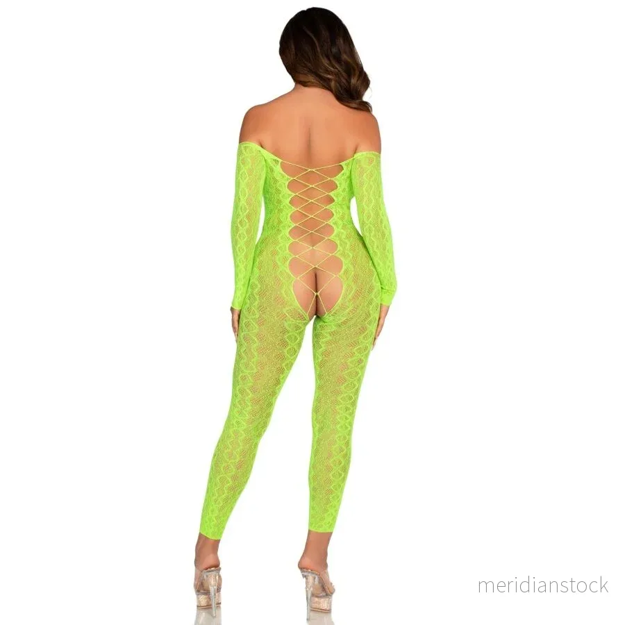 LEG AVENUE - CROTCHLESS BODYSTOCKING EXOTIC SNAKE LACE NEON GREEN - Bild 2