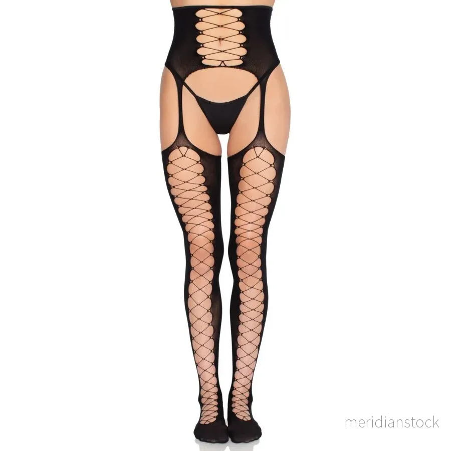 LEG AVENUE - 1968 STOCKINGS WITH ATTACHED GARTER BELT BLACK - ONE SIZE