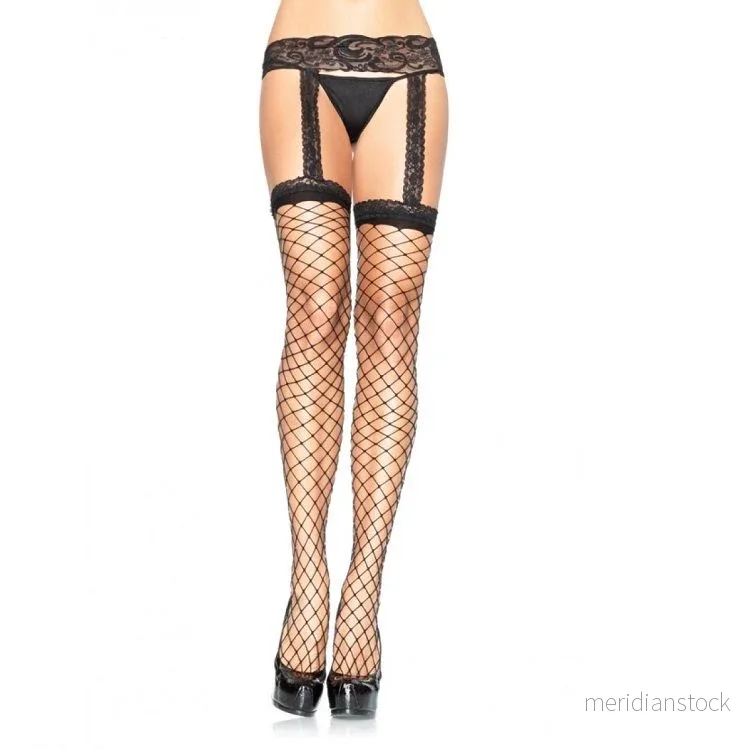 LEG AVENUE - FISHNET STOCKINGS WITH BLACK LACE GARTER GARTER