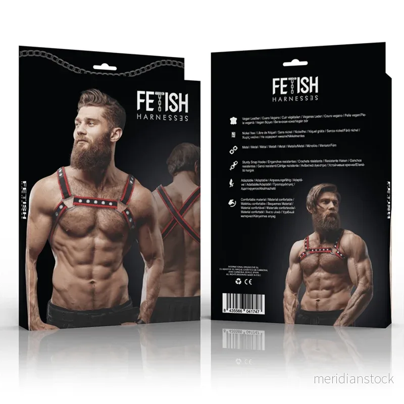 FETISH SUBMISSIVE ATTITUDE - MENS ECO-LEATHER CHEST BULLDOG HARNESS BLACK/RED - Bild 2