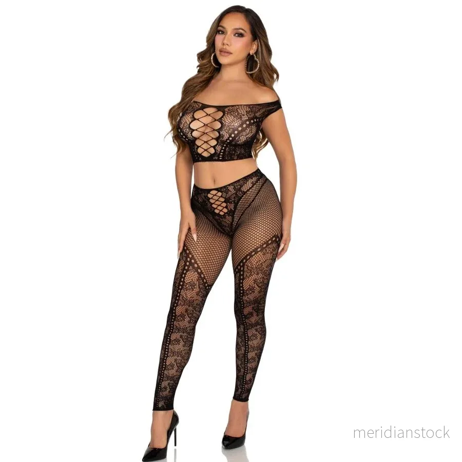 LEG AVENUE - CROP TOP AND FISHNET LEGGING WITH BARE SHOULDERS BLACK - Bild 2