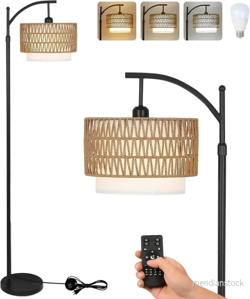 Bågformad golvlampa med fjärrkontroll och dubbla lampskärmar – Norvella Bågformad golvlampa med fjärrkontroll och dubbla lampskärmar – Norvella
