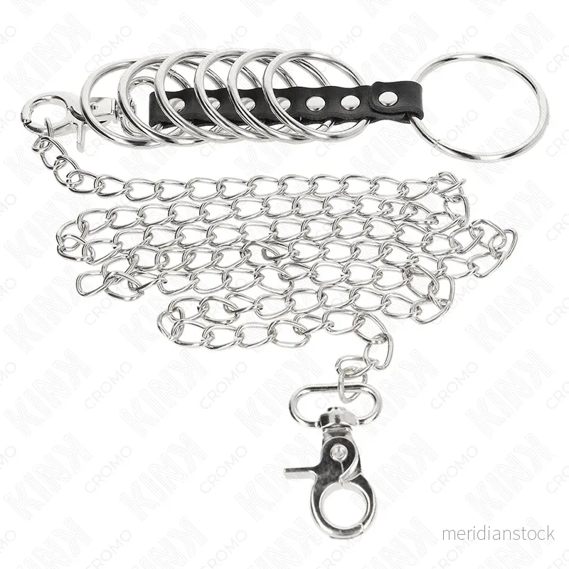 KINK - 7 METAL PENIS RINGS 3.8 CM TO 5 CM CONNECTED WITH LEATHER AND METAL CHAIN 100 CM - Bild 3