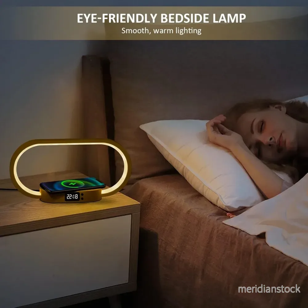 Bordslampa med trådlös laddning och klocka – Lumora - Bild 2