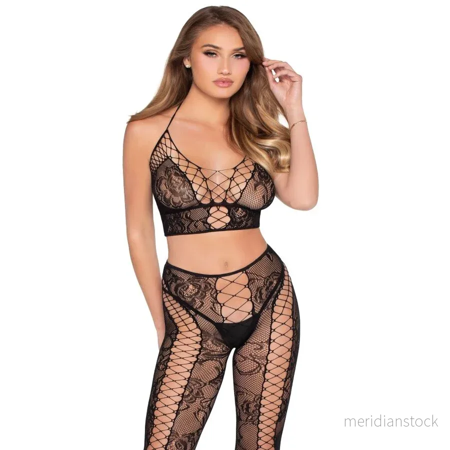 LEG AVENUE - 89368 NET & LACE CROP TOP AND TIGHTS BLACK - ONE SIZE - Bild 3
