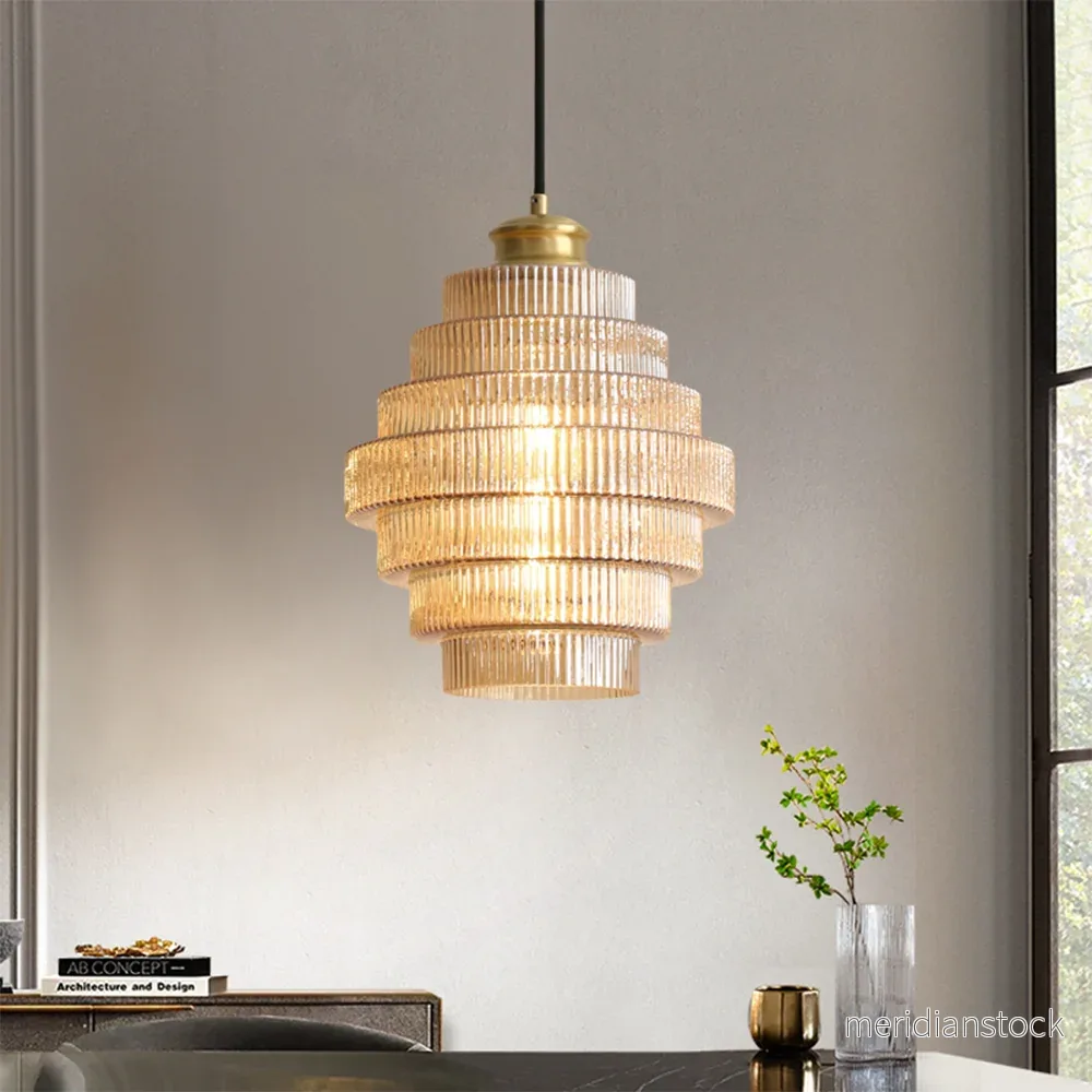 Pendellampa i räfflat glas – art deco taklampa i mässing med våningar - Bild 2