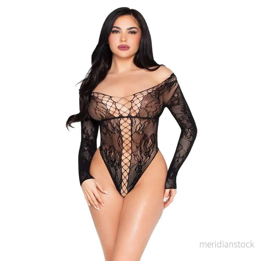 LEG AVENUE - 89370 NET AND LACE TEDDY BLACK - ONE SIZE