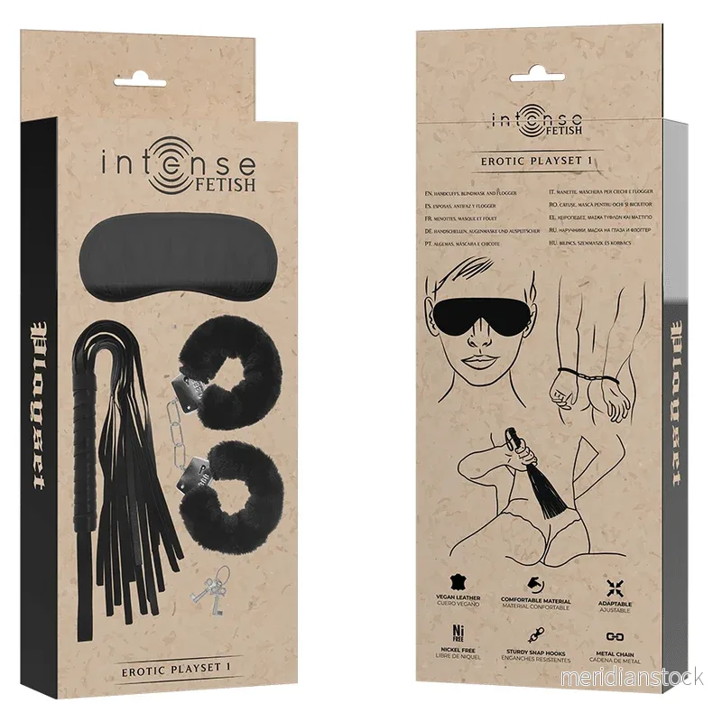 INTENSE - FETISH EROTIC PLAYSET 1 WITH HANDCUFFS, BLIND MASK AND FLOGGER - Bild 2