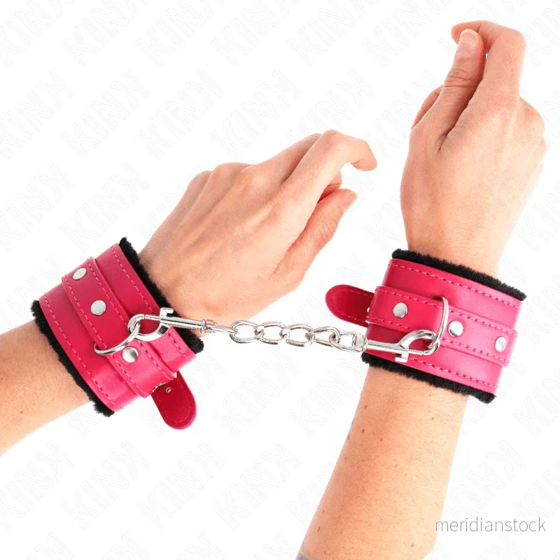 KINK - PREMIUM FUR LINED WRIST RESTRAINTS BLACK WITH RASPBERRY ROSE BELT ADJUSTABLE 17-29 CM X 6 CM - Bild 3