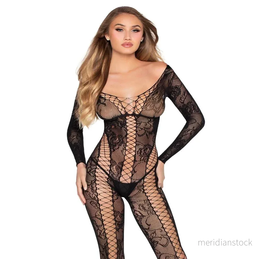 LEG AVENUE - 89369 NET & LACE JUMPSUIT BLACK - ONE SIZE