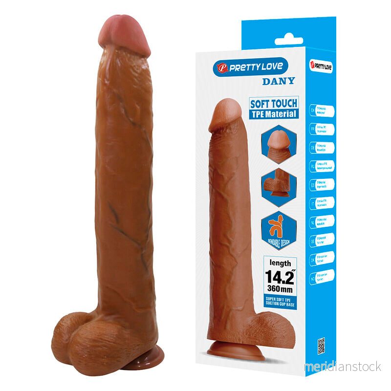 PRETTY LOVE - DANY REALISTIC FLEXIBLE DILDO WITH SUCTION CUP 36 CM -Ø- 5.6 CM BROWN