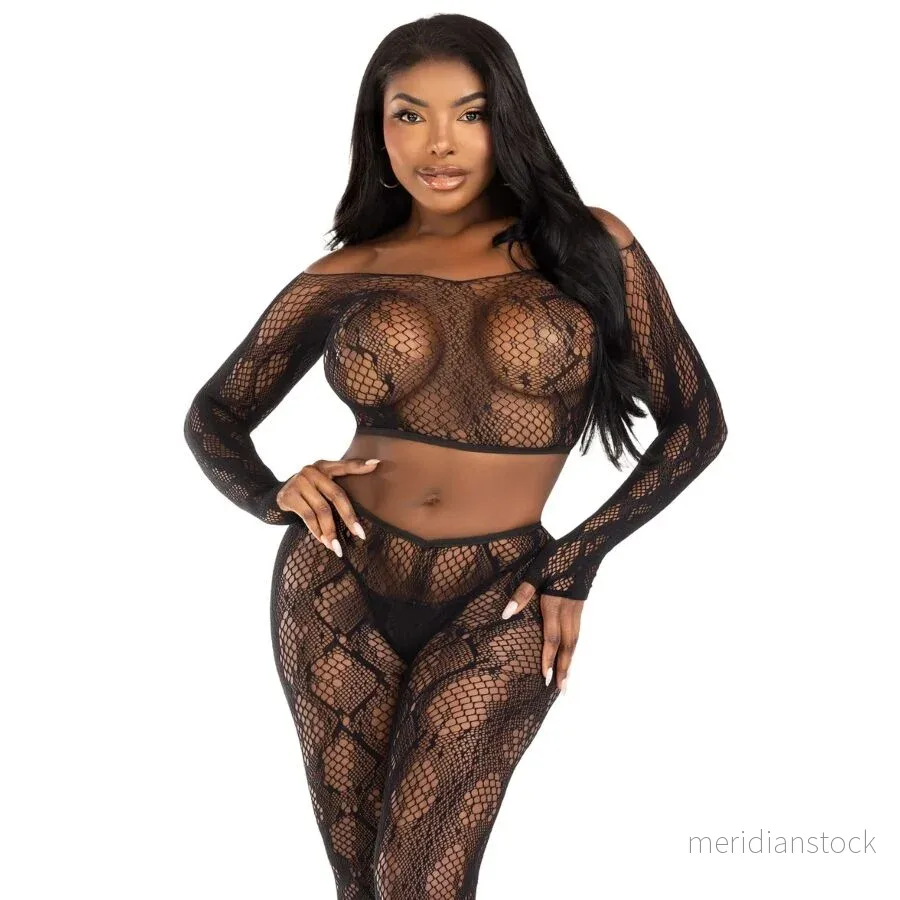 LEG AVENUE - 89373 PYTHON CROP TOP & FOOTLESS TIGHTS BLACK - ONE SIZE