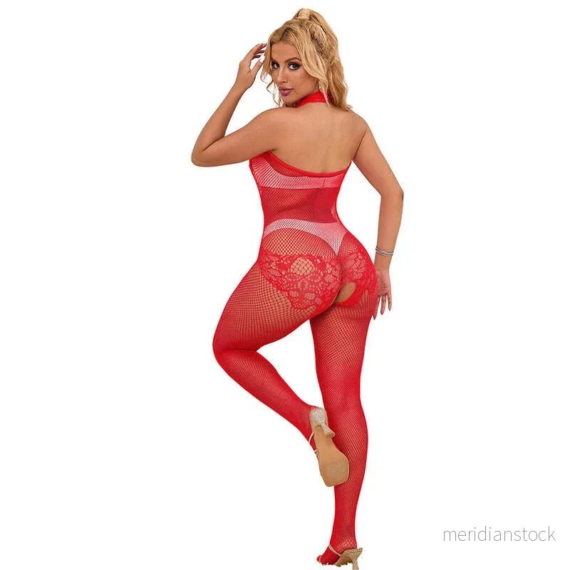 SUBBLIME - 952372 FISHNET AND LACE CROTCHLESS BODYSTOCKING WITH HIGH NECK RED ONE SIZE