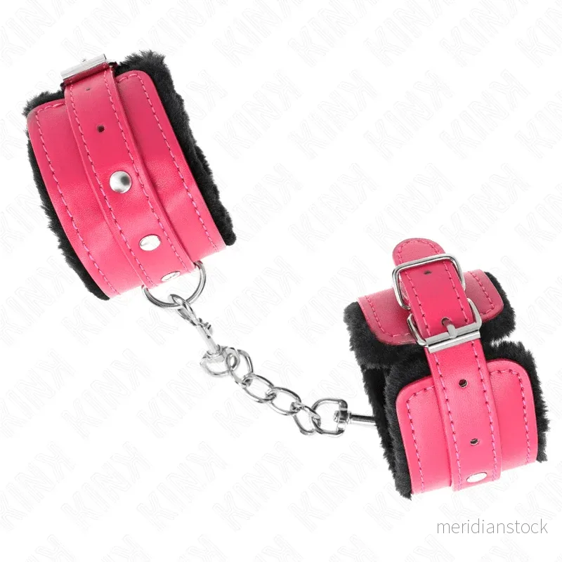 KINK - PREMIUM FUR LINED WRIST RESTRAINTS BLACK WITH RASPBERRY ROSE BELT ADJUSTABLE 17-29 CM X 6 CM - Bild 2