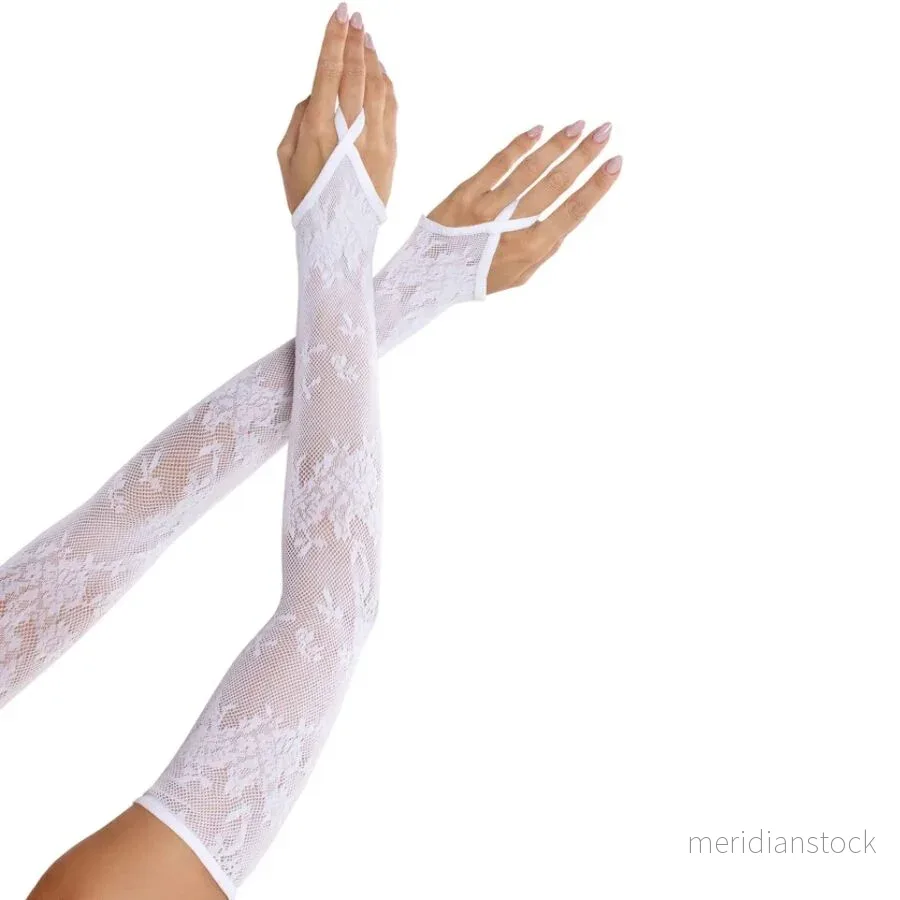LEG AVENUE - EXTRA LONG FLORAL LACE ARM WARMER GLOVES WHITE