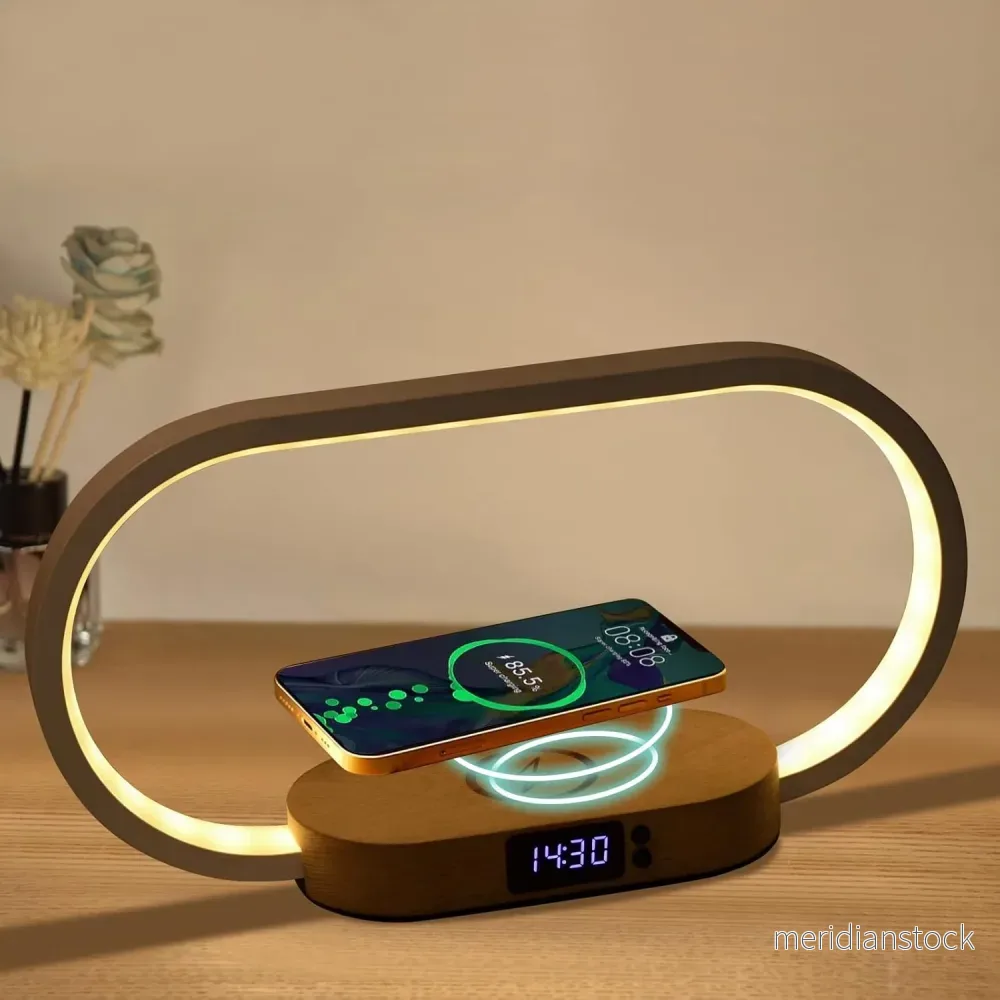 Bordslampa med trådlös laddning och klocka – Lumora