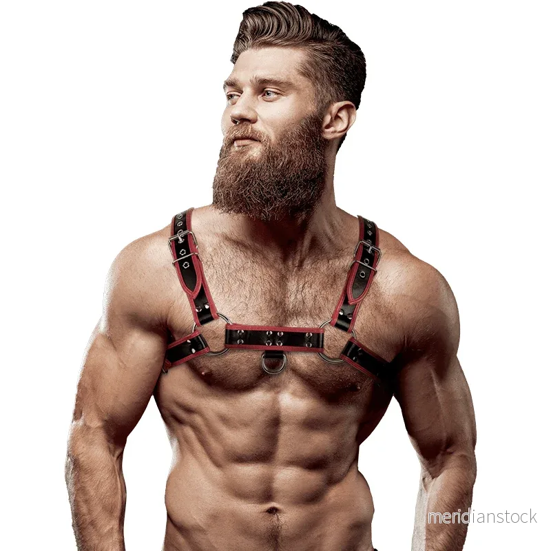 FETISH SUBMISSIVE ATTITUDE - MENS ECO-LEATHER CHEST HARNESS BLACK/RED - Bild 2