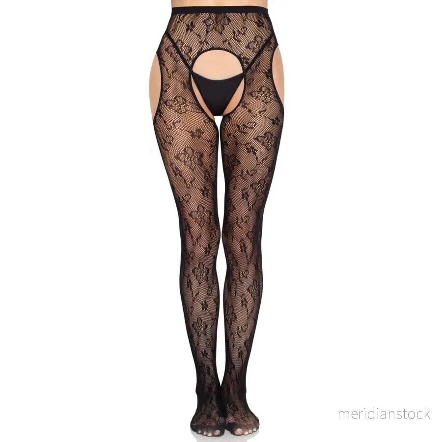 LEG AVENUE - 1967 BLOOM NET SUSPENDER TIGHTS BLACK - ONE SIZE