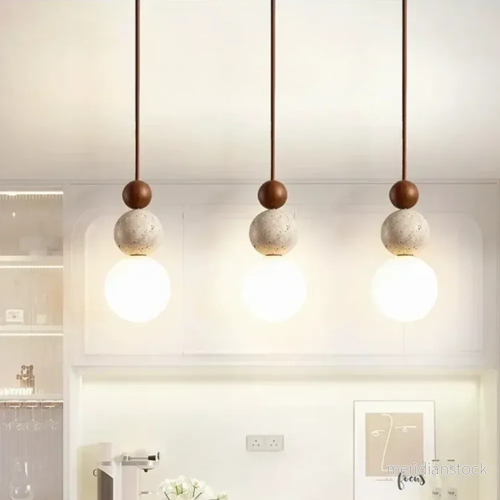 Modern pendellampa i travertin och mahogny - NaturaLuxe - Bild 3
