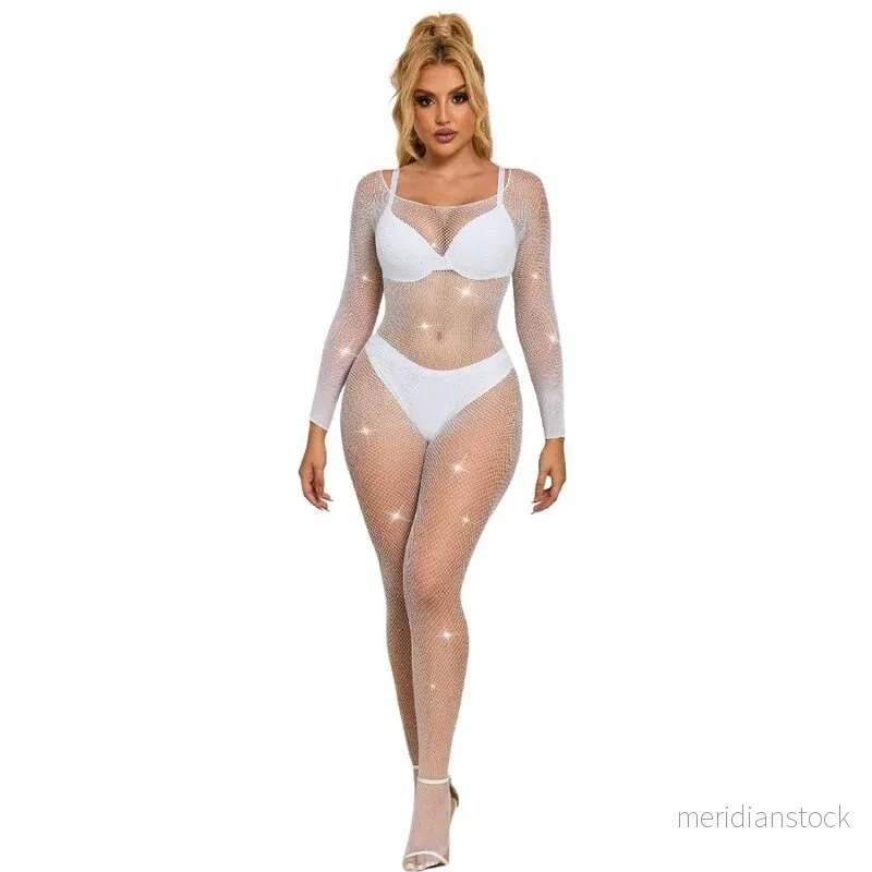 SUBBLIME - 952396 FISHNET BODYSTOCKING WITH DIAMONDS LONG SLEEVE WHITE ONE SIZE