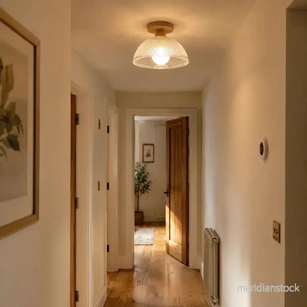 Taklampa i trä och räfflat glas – halvinfälld plafond för hall och sovrum - Bild 2
