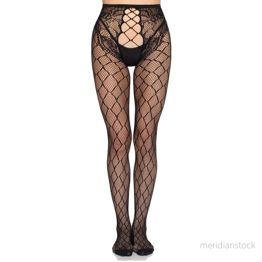 LEG AVENUE - 1966 NET TIGHTS WITH CROTCHLESS PANTY BLACK - ONE SIZE
